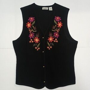 vintage Black Classic Elements Wool Vest Embroidered Floral Fall Colorful
